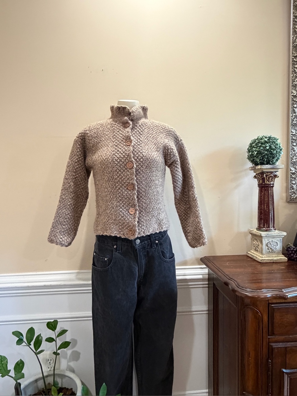 Carraig Donn Handknit Textured Button-Up Knit Cardigan in Taupe
